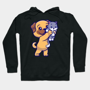 Cute Pug Dog Holding Baby Cat Cartoon Hoodie